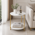 Masa laterala rotunda alb model marmura 40x40x43 cm cu raft – Stil modern chic, cadru auriu elegant