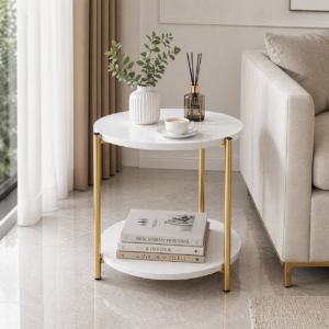 Masa laterala rotunda alb model marmura 40x40x43 cm cu raft – Stil modern chic, cadru auriu elegant