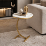 Masa laterala rotunda din otel inoxidabil auriu 50x60 cm - Design nordic premium, cadru inox elegant, model marmura alba