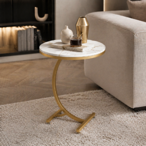 Masa laterala rotunda din otel inoxidabil auriu 50x60 cm - Design nordic premium, cadru inox elegant, model marmura alba