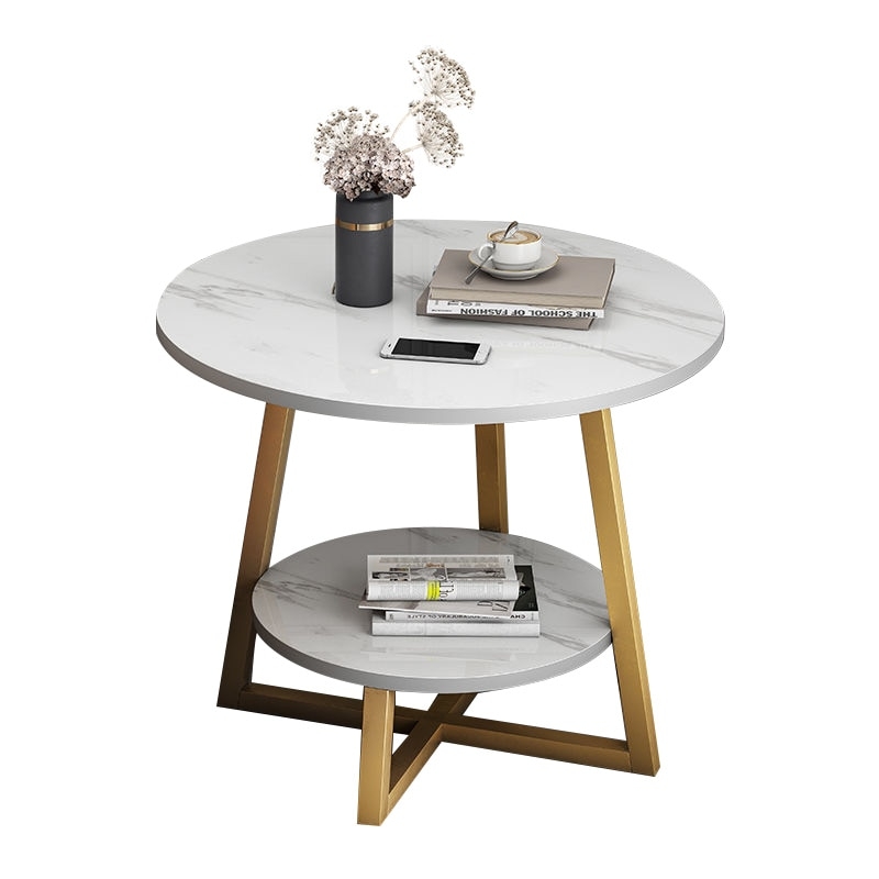 Masuta cafea rotunda dubla model marmura alb-auriu 40x40x55 cm 2 nivele – Design modern minimalist, accesoriu elegant pentru locuinte - imagine 5