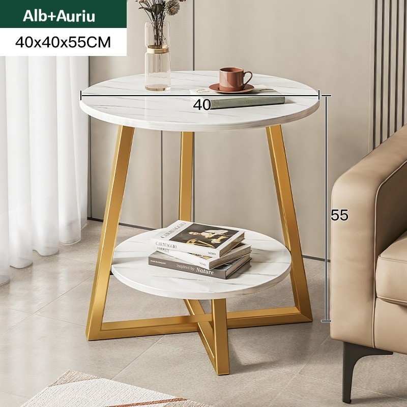 Masuta cafea rotunda dubla model marmura alb-auriu 40x40x55 cm 2 nivele – Design modern minimalist, accesoriu elegant pentru locuinte - imagine 2
