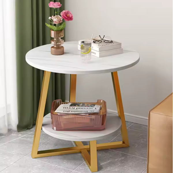 Masuta cafea rotunda dubla model marmura alb-auriu 40x40x55 cm 2 nivele – Design modern minimalist, accesoriu elegant pentru locuinte - imagine 4
