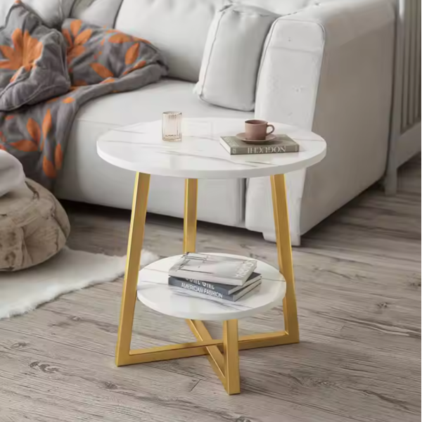 Masuta cafea rotunda dubla model marmura alb-auriu 40x40x55 cm 2 nivele – Design modern minimalist, accesoriu elegant pentru locuinte - imagine 3