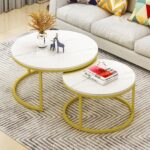 Masuta rotunda de cafea 2 in 1 cu efect marmura alba – Set modern living, cadru metalic rezistent, design elegant – 70x45 cm si 50x38cm
