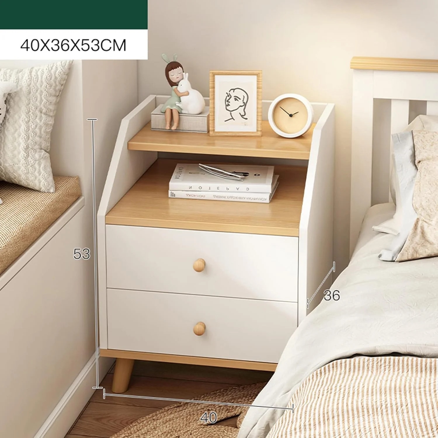 Noptieră Vivendo cu 2 Sertare & Raft Superior | MDF Premium | Picioare & Mânere din Lemn | 40 x 30 x 53 cm | Gri sau Alb - imagine 3