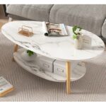 Masă Cafea Ovală | Design Elegant cu Poliță | 3 Picioare | Blat MDF | Alb | 90 x 50 x 42 cm | Stil Modern Scandinav