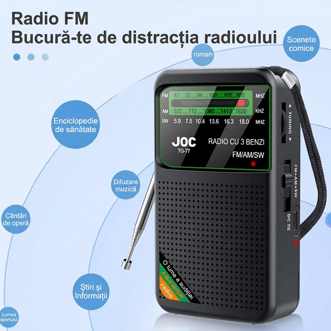 Radio Portabil | AM FM SW Stereo | USB-C Baterii 1000mAh Mufa Casti | Difuzor 3W | Negru - imagine 2