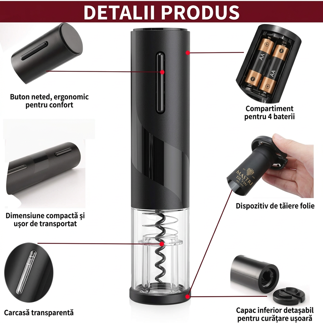 Set Tirbuson Electric Pentru Vin | Cu Taietor Folie + Dop Vid | Deschidere Automata | Cadou Premium | Negru - imagine 2