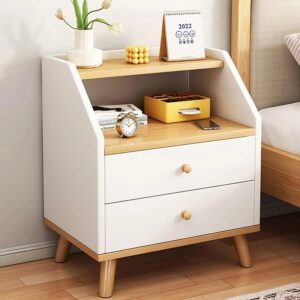 Noptieră Vivendo cu 2 Sertare & Raft Superior | MDF Premium | Picioare & Mânere din Lemn | 40 x 30 x 53 cm | Gri sau Alb
