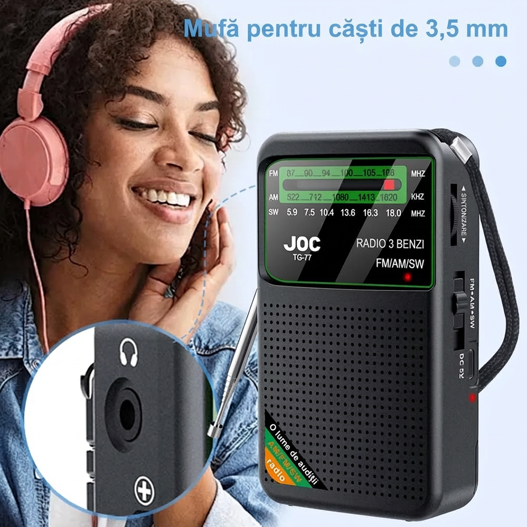Radio Portabil | AM FM SW Stereo | USB-C Baterii 1000mAh Mufa Casti | Difuzor 3W | Negru - imagine 3