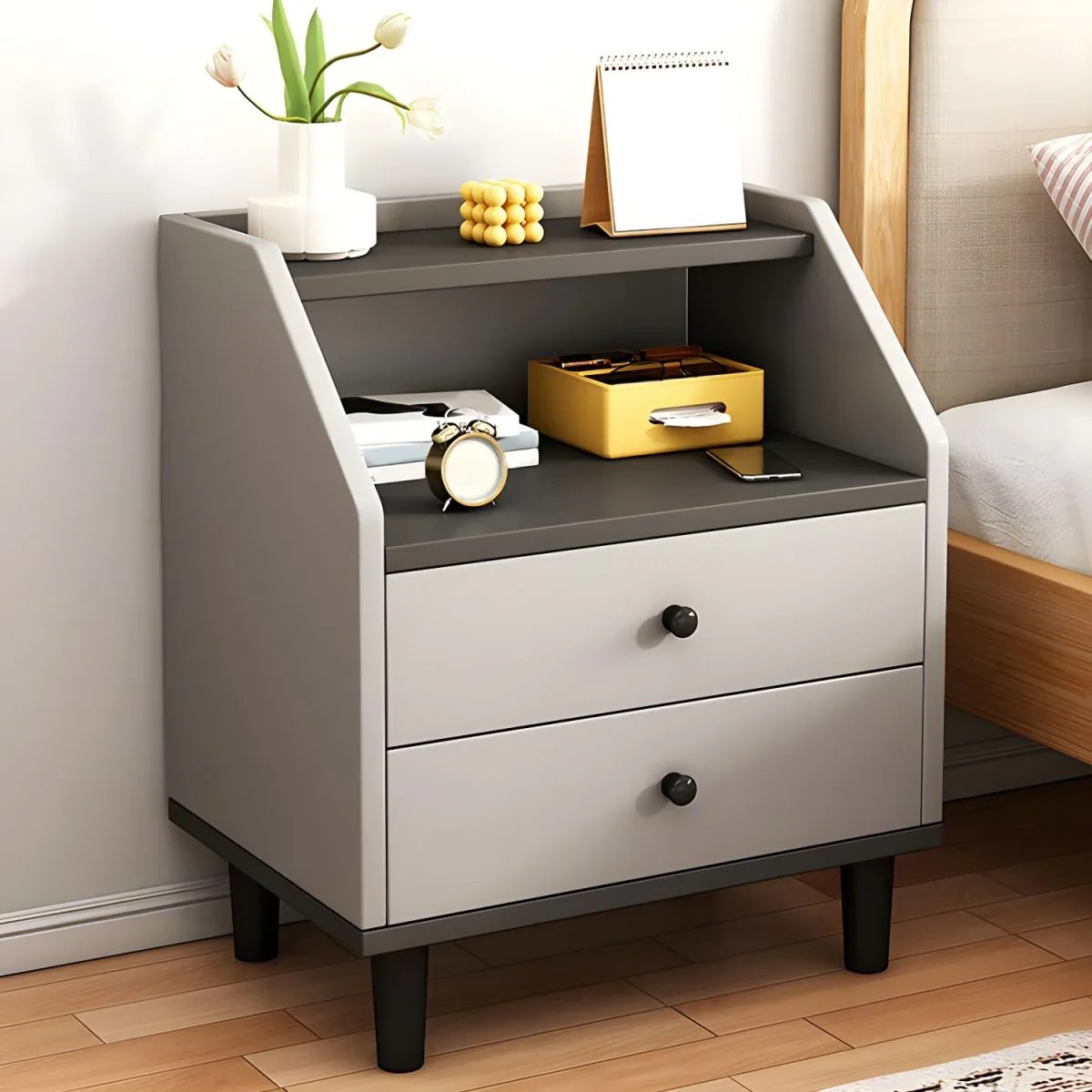 Noptieră Vivendo cu 2 Sertare & Raft Superior | MDF Premium | Picioare & Mânere din Lemn | 40 x 30 x 53 cm | Gri sau Alb - imagine 5