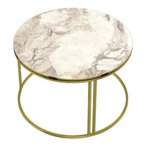Masă Cafea Rotundă | Design Marmură Albă & Cadru Auriu | Blat PAL | Cadru Metalic | 50 x 80 cm | Stil Glam Modern