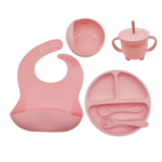 Set Hranire Bebelusi Silicon BPA Free 6 Piese | Bol Cu Ventuza Farfurie Compartimentata Pahar Cu Pai | Bavetica Cu Buzunar