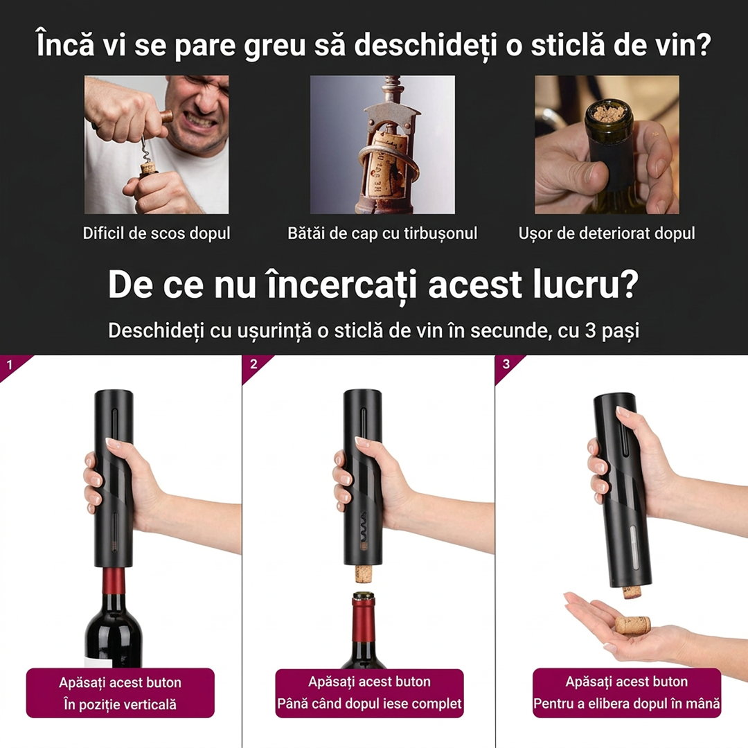 Set Tirbuson Electric Pentru Vin | Cu Taietor Folie + Dop Vid | Deschidere Automata | Cadou Premium | Negru - imagine 5