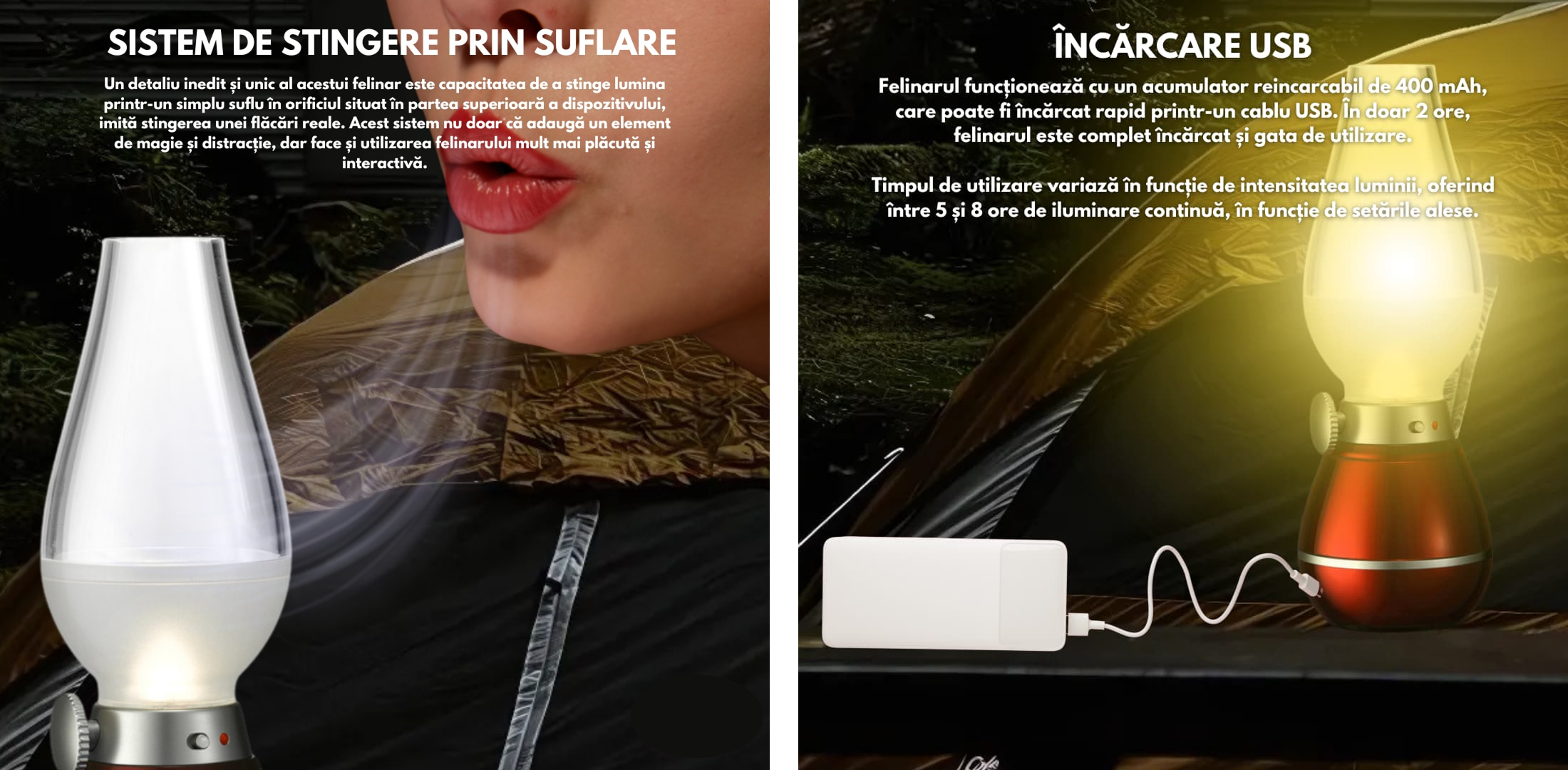 1+1 PROMO Felinar LED Retro Cu Stingere Prin Suflare | Reglare Intensitate | USB Reincarcabil | Design Vintage - imagine 6