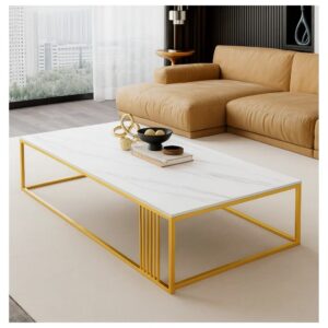 Masuta de cafea dreptunghiulara Smartmall, minimalista, design ultramodern scandinav, aspect marmura alba cu rame aurii, 120x60x43cm