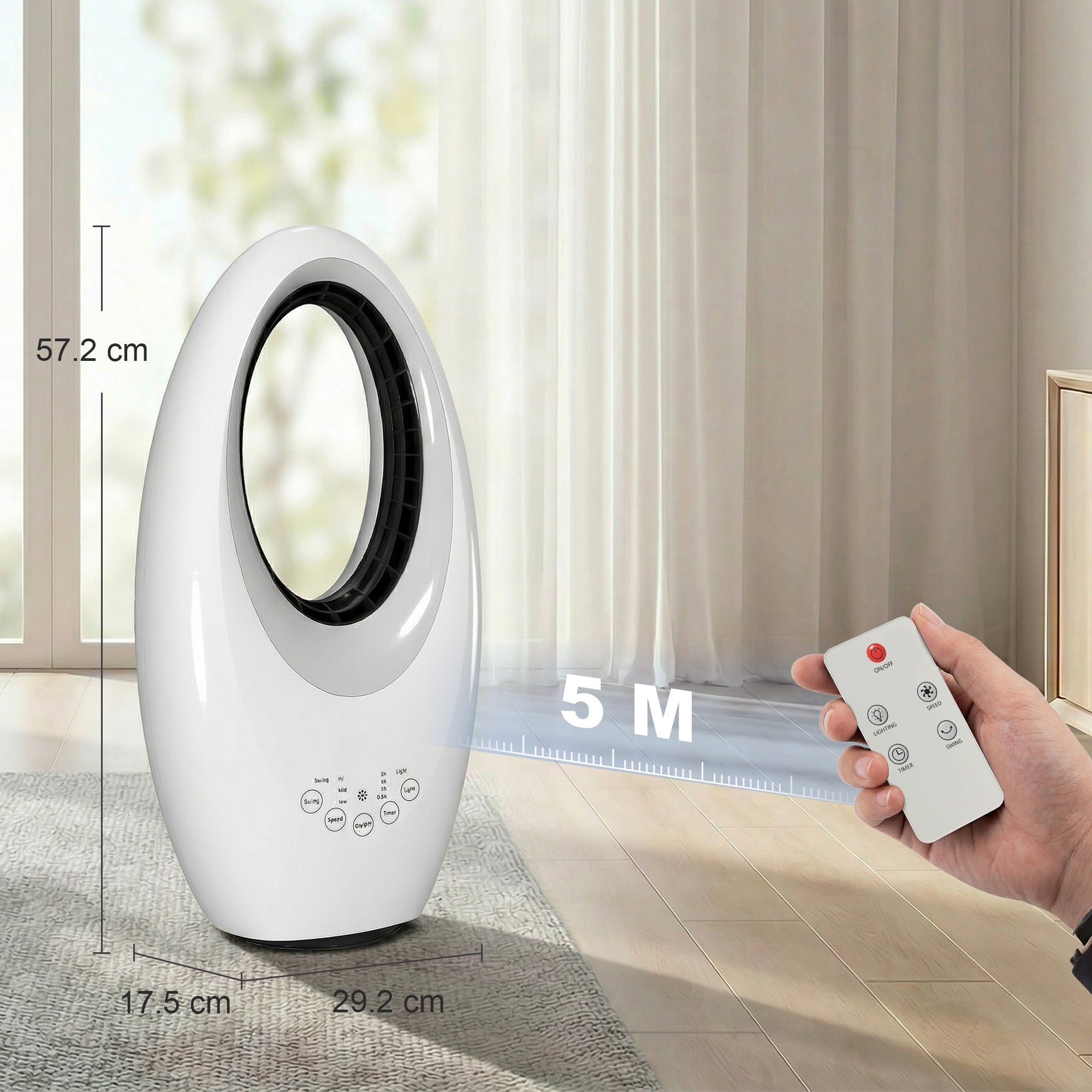 Ventilator pentru Birou Fara Palete 60W | 36dB Silentios | LED 4 Culori | Timer 7.5h | Telecomanda | Alb - imagine 2