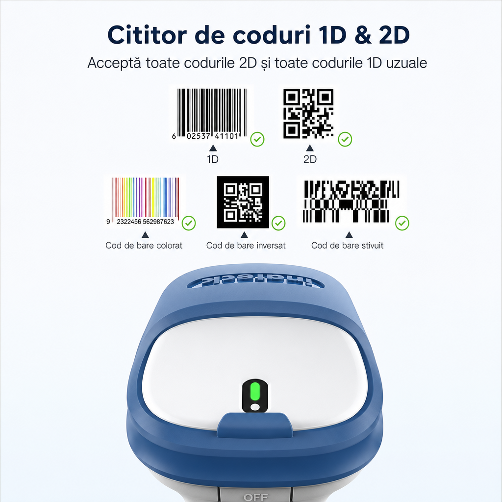 Cititor Coduri Bare Wireless 1D 2D | Bluetooth 5.0 + 2.4GHz | Baterie 2600mAh | Rezistent Caderi 2m - imagine 2