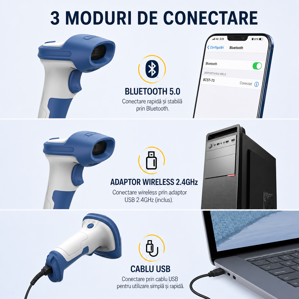Cititor Coduri Bare Wireless 1D 2D | Bluetooth 5.0 + 2.4GHz | Baterie 2600mAh | Rezistent Caderi 2m - imagine 4