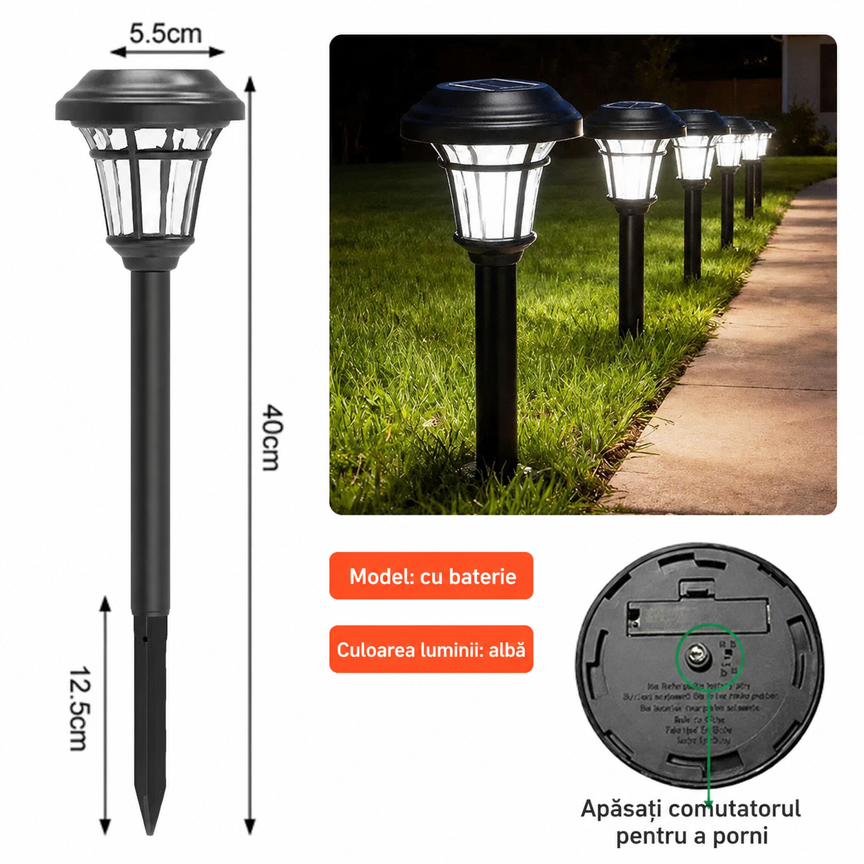 Set 6 lampi solare LED pentru gradina 40x5.5 cm – Lampa solara cu iluminare moderna, design elegant cu tarus - imagine 2