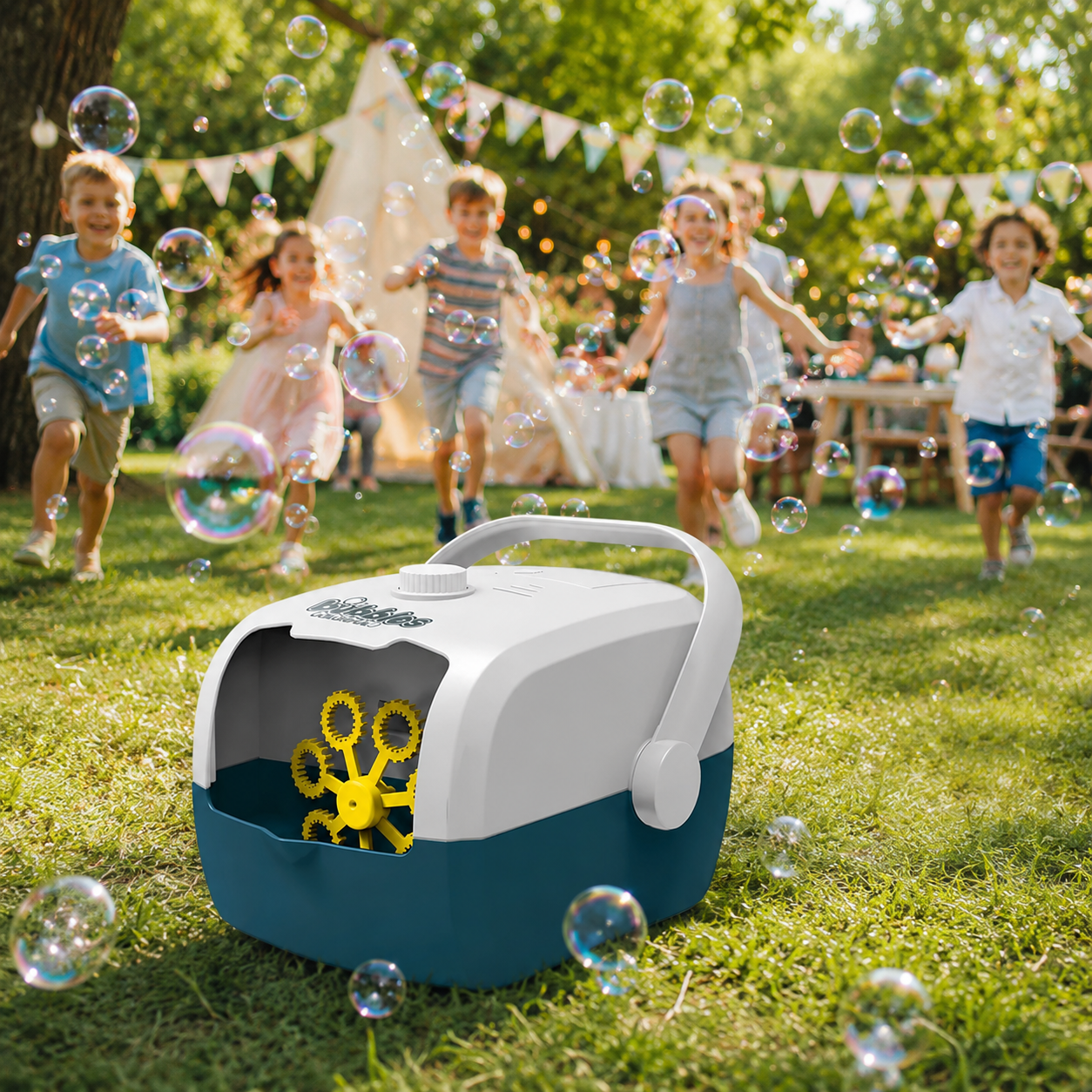 Masina automata de baloane cu lichid inclus – Portabila, distractie instant, mii de bule pentru copii si petreceri
