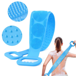 Scrubber Baie Silicon cu 2 Fete Striate | Banda Exfoliere si Spalare Spate | Curatare Profunda Piele | Premium | Albastru