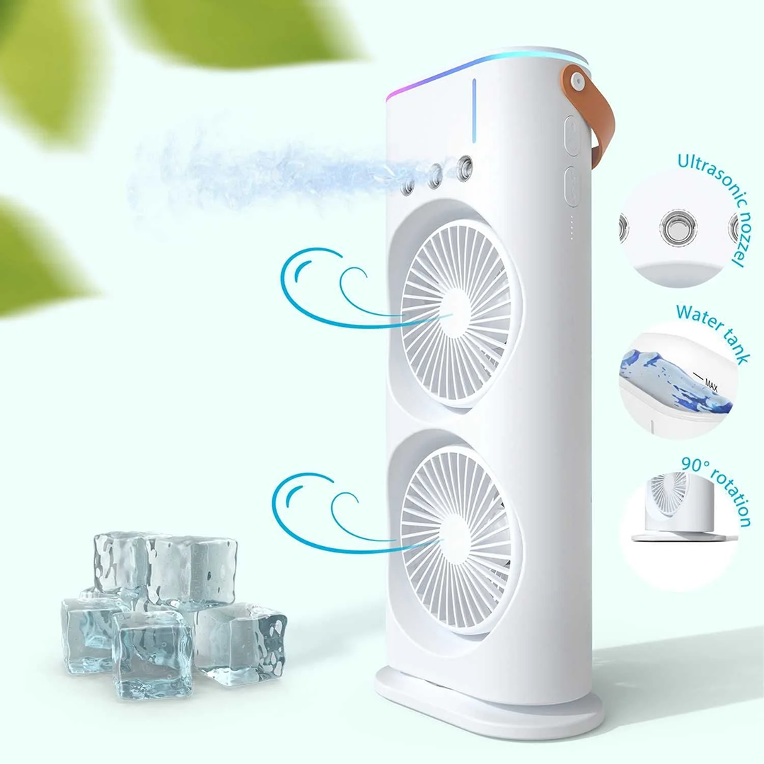 Ventilator Birou Portabil cu Umidificare prin Pulverizare | 2 Capete Oscilante | 3 Viteze | 3000mAh 36W | 37x9x16.5cm - imagine 2