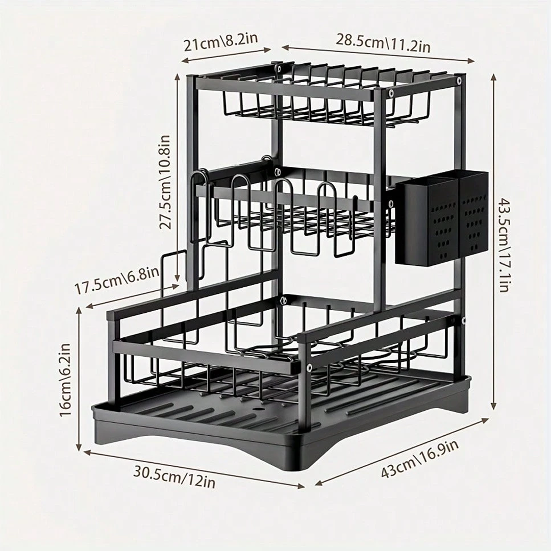 Suport Uscator Vase Bucatarie 3 Niveluri | Tava Scurgere Rotativa 360° Extensibila | Suport Pahare Universal | Suport Tocator si Tacamuri | 43x30.5x43.5cm | Metal Negru - imagine 3