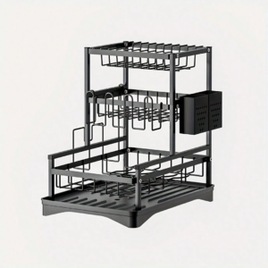 Suport Uscator Vase Bucatarie 3 Niveluri | Tava Scurgere Rotativa 360° Extensibila | Suport Pahare Universal | Suport Tocator si Tacamuri | 43x30.5x43.5cm | Metal Negru