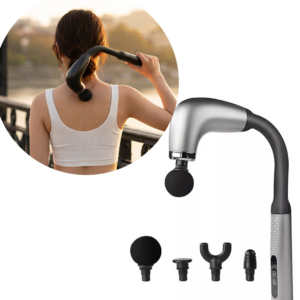 Pistol Masaj Deep Tissue Cu Maner Extins | 9 Viteze | 4 Capete Interschimbabile | Ergonomic Pentru Spate Si Umeri | Gri