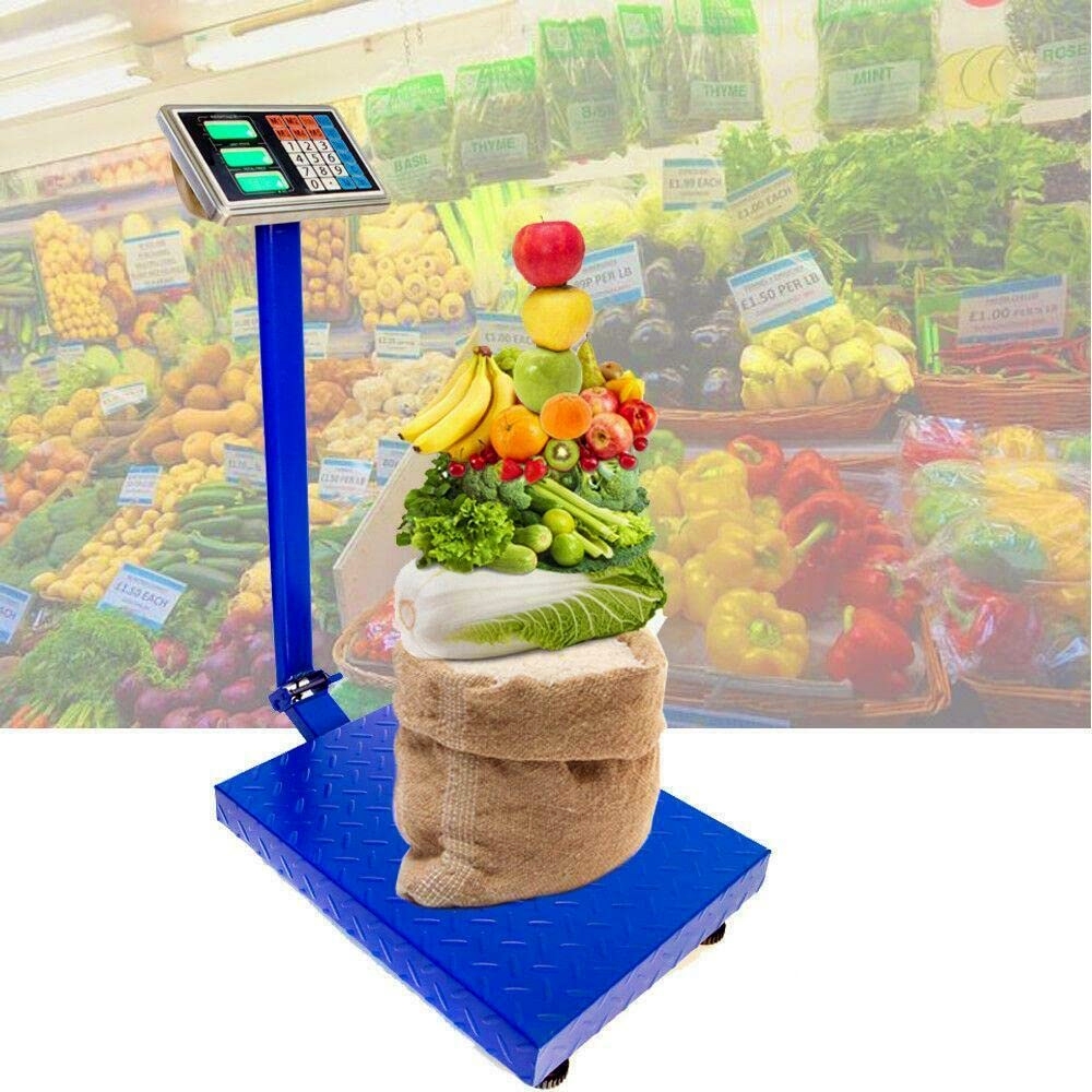 Cantar Electronic 350kg | Platforma Otel 40x50cm Tabla Striata | Acumulator sau 220V | Functia Tara | Memorie 5 Preturi | Brat Rabatabil | LCD | Albastru