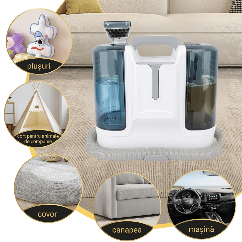 Aparat De Curatat Tapiterie Si Canapele | Aspirator Umed Si Uscat 450W | Curatare Covoare, Textile Si Interior Auto | Rezervoare Separate - imagine 3