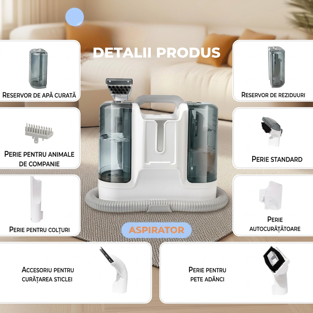 Aparat De Curatat Tapiterie Si Canapele | Aspirator Umed Si Uscat 450W | Curatare Covoare, Textile Si Interior Auto | Rezervoare Separate - imagine 2