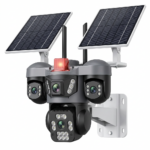 Camera Supraveghere WiFi Solara Triple-Lens 12MP | Vedere Panoramica 360° | Card Cadou | Panou Solar | IP65 | Sirena si Alarma