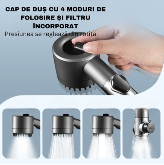 Cap de dus cu filtru incorporat, presiune reglabila, 4 moduri de utilizare, pini din silicon pentru masaj de relaxare - imagine 4