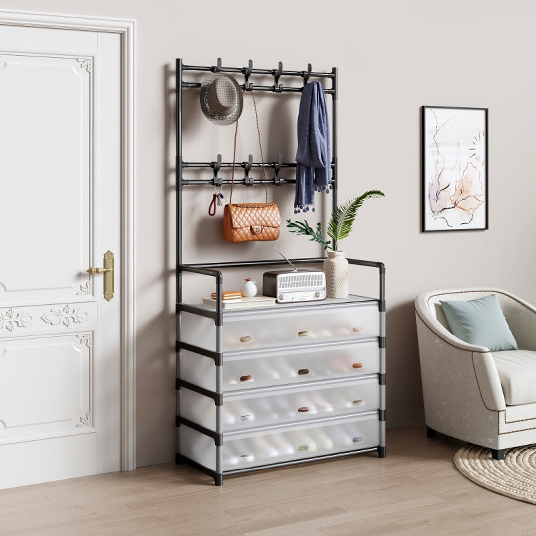 Cuier cu Raft Pantofi 3 in 1 | 5 Niveluri 20 Perechi | 8 Carlige Duble | Usi Antipraf Ventilate | Otel Rezistent Rugina | 77x35x167cm - imagine 2