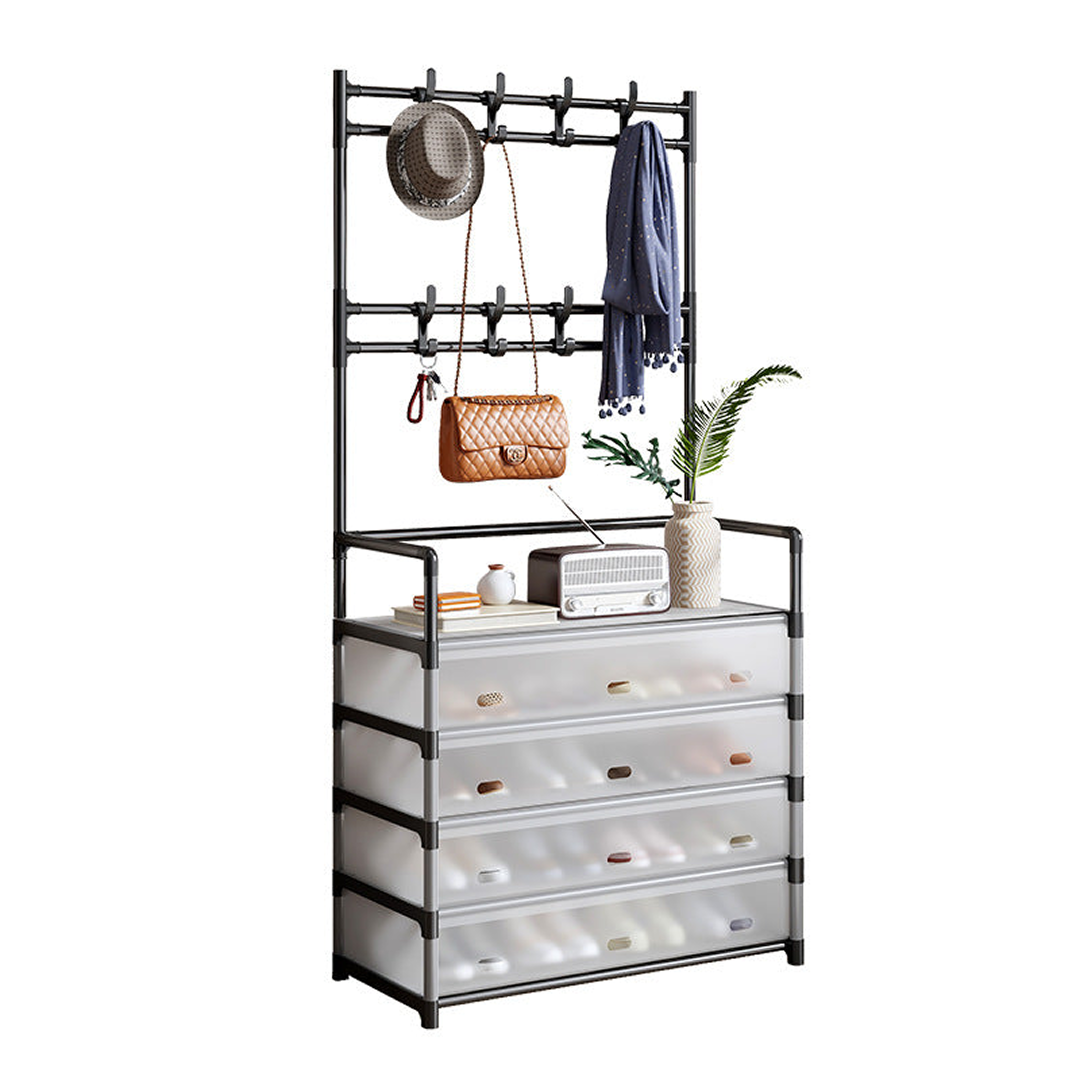 Cuier cu Raft Pantofi 3 in 1 | 5 Niveluri 20 Perechi | 8 Carlige Duble | Usi Antipraf Ventilate | Otel Rezistent Rugina | 77x35x167cm