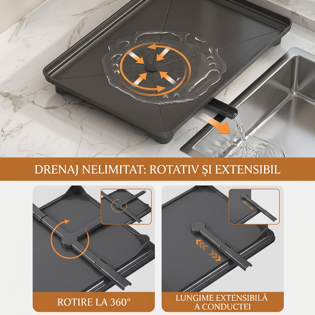Suport Uscator Vase Bucatarie 3 Niveluri | Tava Scurgere Rotativa 360° Extensibila | Suport Pahare Universal | Suport Tocator si Tacamuri | 43x30.5x43.5cm | Metal Negru - imagine 6