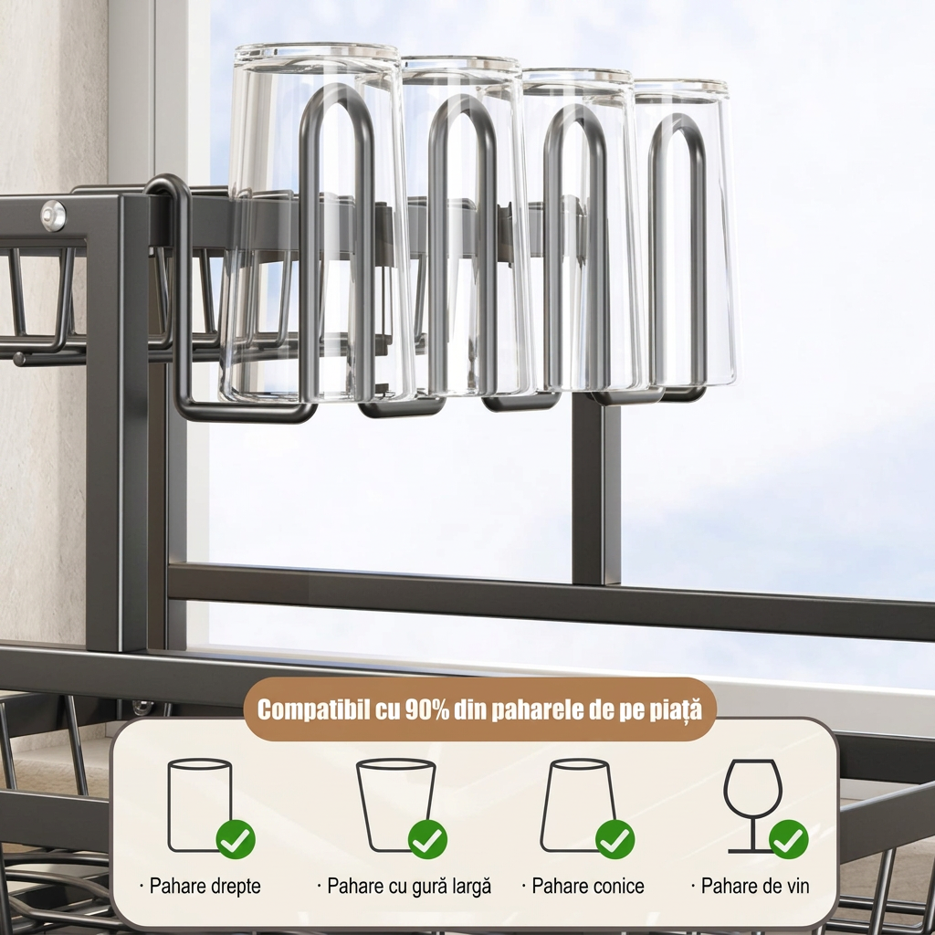 Suport Uscator Vase Bucatarie 3 Niveluri | Tava Scurgere Rotativa 360° Extensibila | Suport Pahare Universal | Suport Tocator si Tacamuri | 43x30.5x43.5cm | Metal Negru - imagine 7