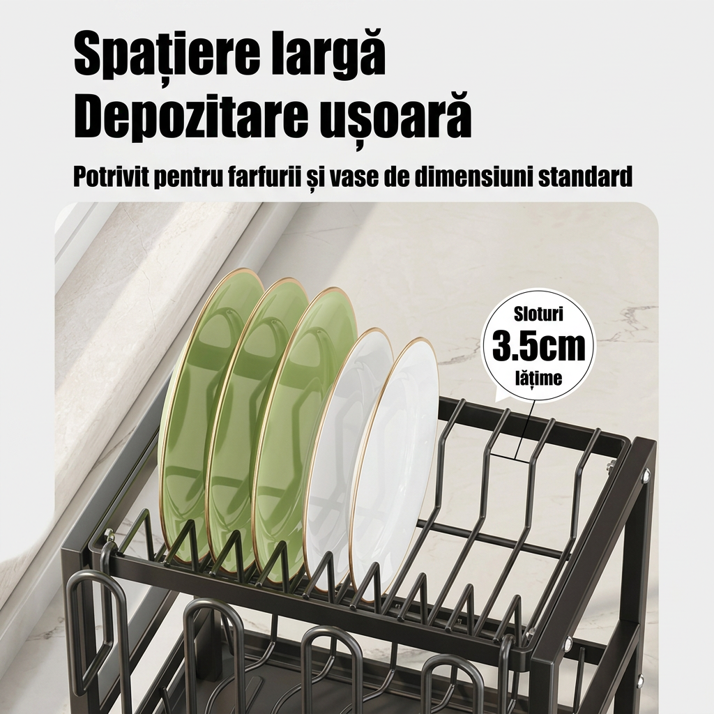 Suport Uscator Vase Bucatarie 3 Niveluri | Tava Scurgere Rotativa 360° Extensibila | Suport Pahare Universal | Suport Tocator si Tacamuri | 43x30.5x43.5cm | Metal Negru - imagine 8