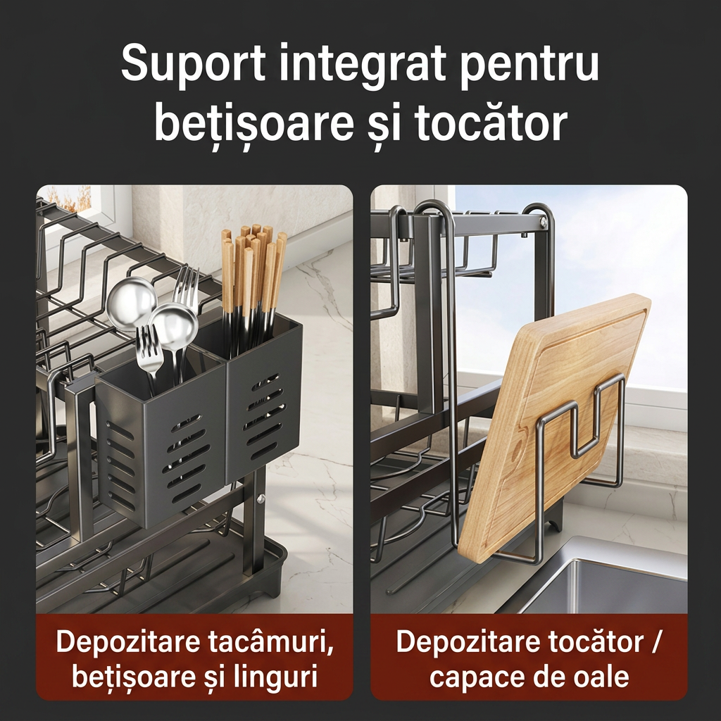 Suport Uscator Vase Bucatarie 3 Niveluri | Tava Scurgere Rotativa 360° Extensibila | Suport Pahare Universal | Suport Tocator si Tacamuri | 43x30.5x43.5cm | Metal Negru - imagine 9