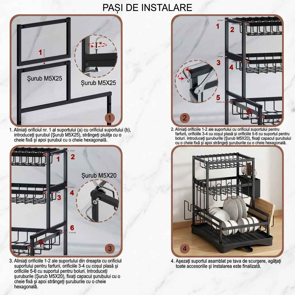 Suport Uscator Vase Bucatarie 3 Niveluri | Tava Scurgere Rotativa 360° Extensibila | Suport Pahare Universal | Suport Tocator si Tacamuri | 43x30.5x43.5cm | Metal Negru - imagine 10