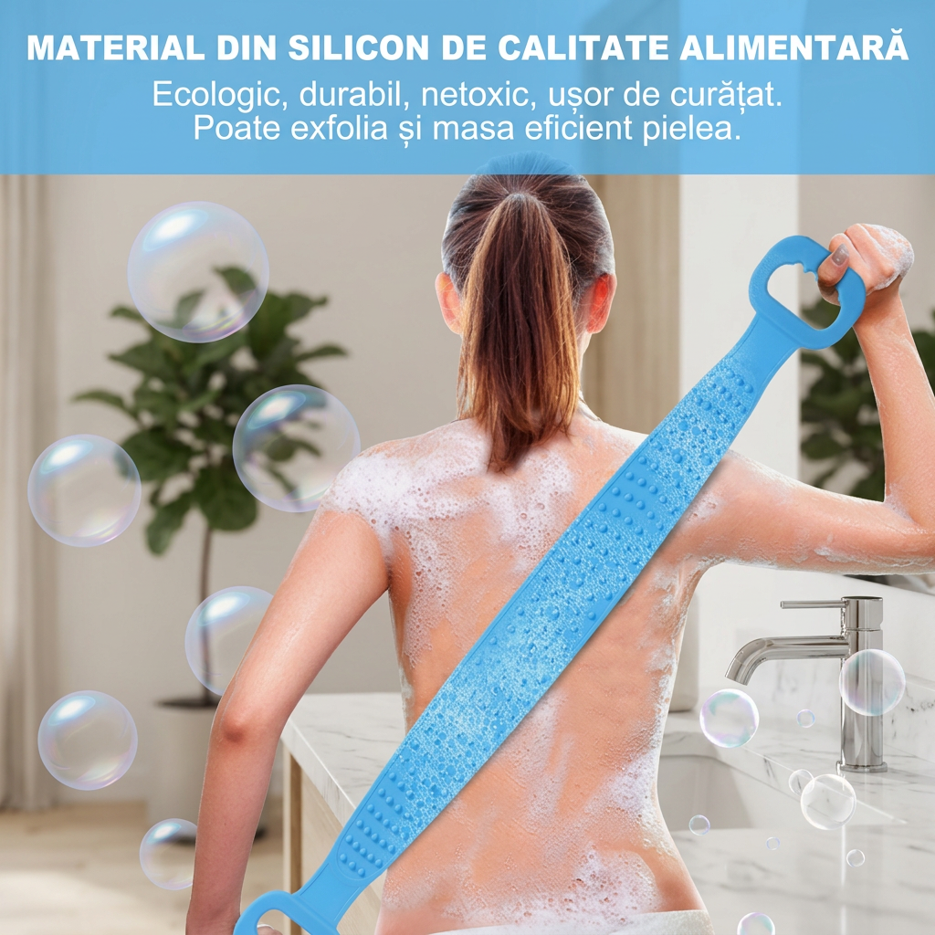 Scrubber Baie Silicon cu 2 Fete Striate | Banda Exfoliere si Spalare Spate | Curatare Profunda Piele | Premium | Albastru - imagine 3