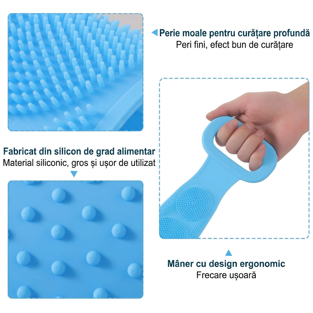 Scrubber Baie Silicon cu 2 Fete Striate | Banda Exfoliere si Spalare Spate | Curatare Profunda Piele | Premium | Albastru - imagine 2