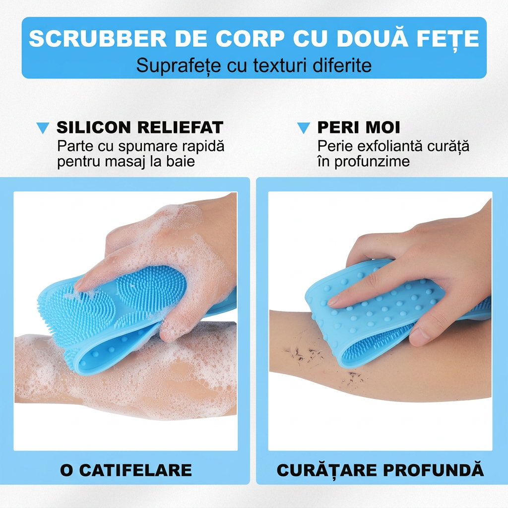 Scrubber Baie Silicon cu 2 Fete Striate | Banda Exfoliere si Spalare Spate | Curatare Profunda Piele | Premium | Albastru - imagine 4