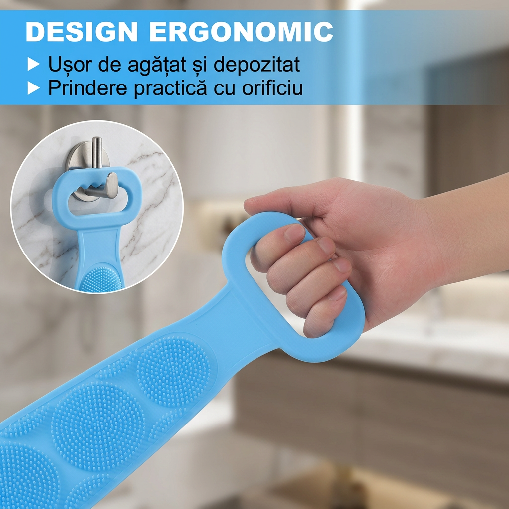 Scrubber Baie Silicon cu 2 Fete Striate | Banda Exfoliere si Spalare Spate | Curatare Profunda Piele | Premium | Albastru - imagine 5