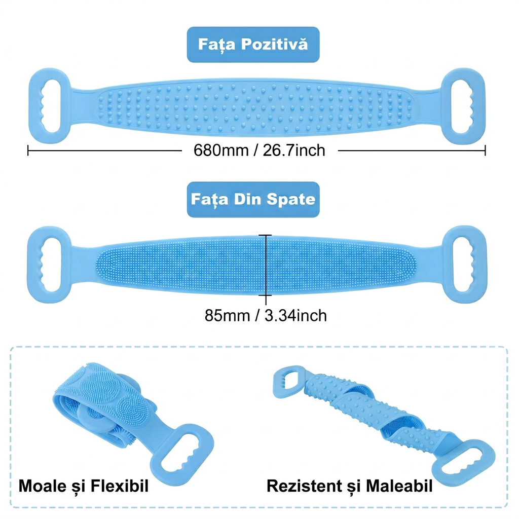 Scrubber Baie Silicon cu 2 Fete Striate | Banda Exfoliere si Spalare Spate | Curatare Profunda Piele | Premium | Albastru - imagine 6