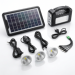 Kit Panou Solar cu 3 Becuri LED si 3 Surse de Iluminat Incorporate | Acopera 10m² | Acumulator Plumb-Acid 6V 4.5Ah | Incarcare Solara sau 220V | USB 5V