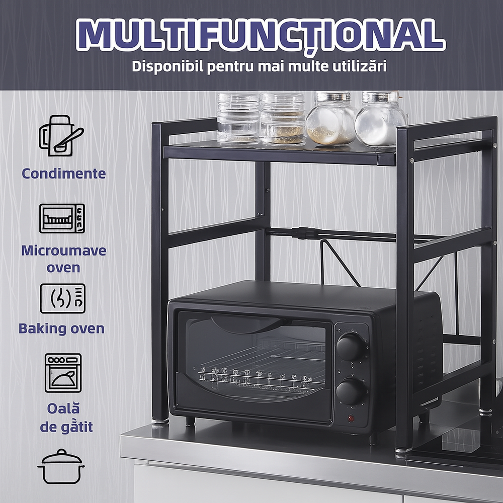 Suport Extensibil Cuptor Microunde 2 Niveluri | Reglabil 40-64x45x36.5cm | 3 Carlige | Suporta 25kg | Otel Carbon Anti-Rugina | Ventuze Anti-Alunecare - imagine 4